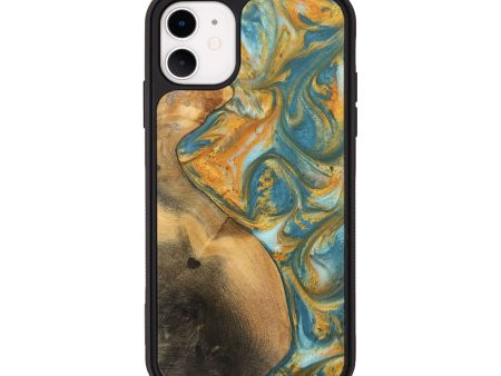 iPhone 11 Wood Phone Case - Alzina (Teal & Gold, 742206) Supply