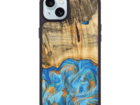 iPhone 15 Plus Wood Phone Case - Emaline (Teal & Gold, 740727) For Sale