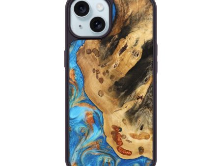 iPhone 15 Wood Phone Case - Norry (Teal & Gold, 740757) Discount