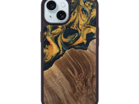 iPhone 15 Wood Phone Case - Emely (Teal & Gold, 741365) For Cheap